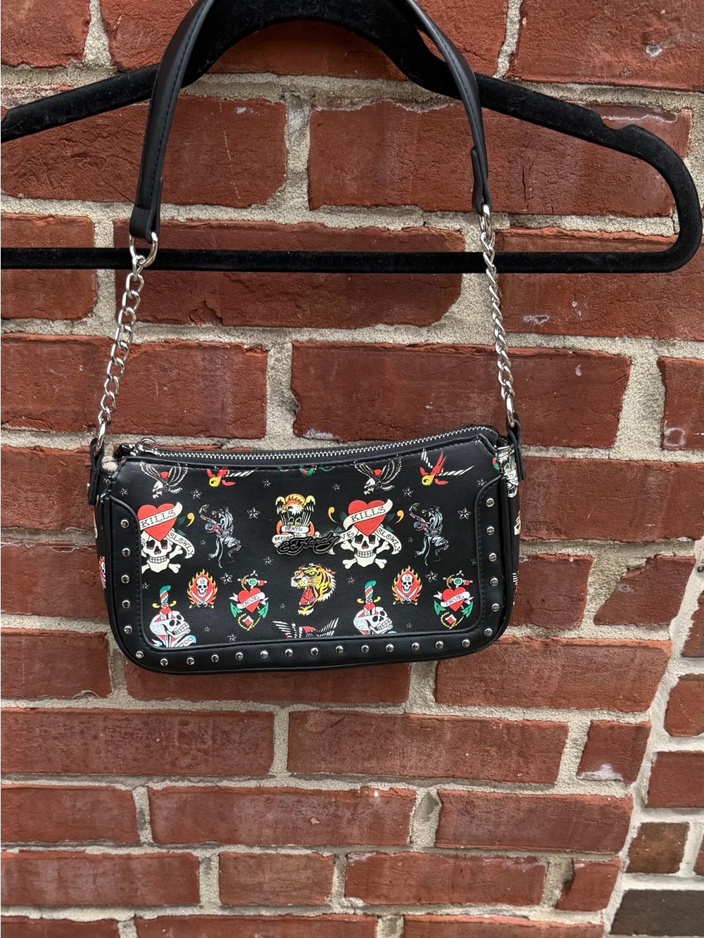 Ed Hardy Black Shoulder Bag with Multicolor Tattoo Print read description